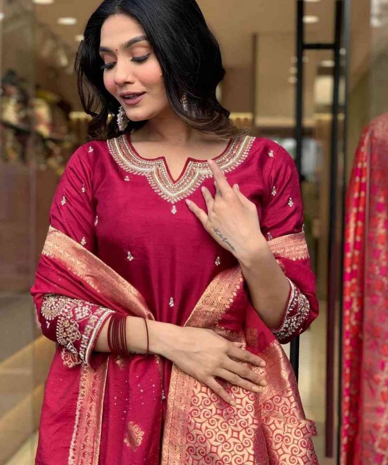 Maroon embroidered ethnic suit