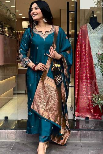 Teal embroidered ethnic suit
