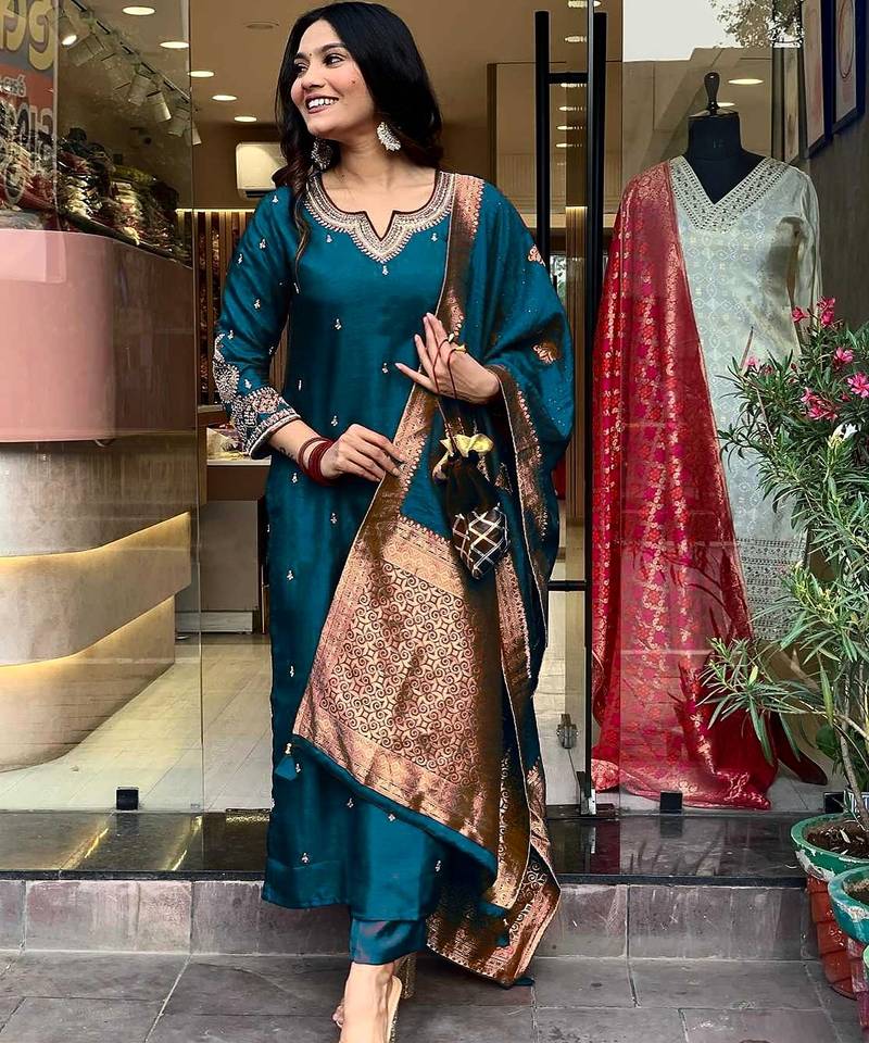 Teal embroidered ethnic suit