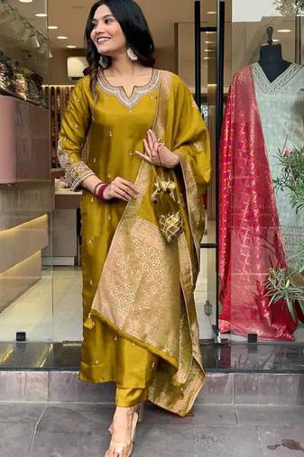 Mustard embroidered ethnic suit