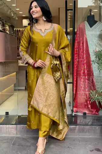 Mustard color designer embroidered ethnic partywear suit