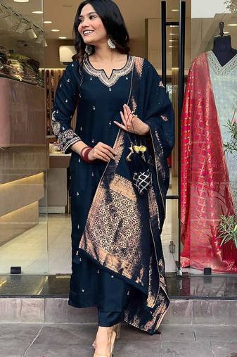 Navy blue embroidered ethnic suit