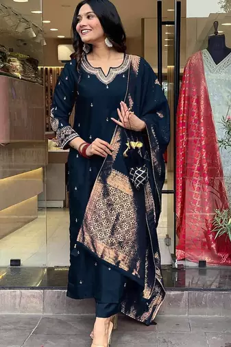 Navy blue color designer embroidered ethnic partywear suit