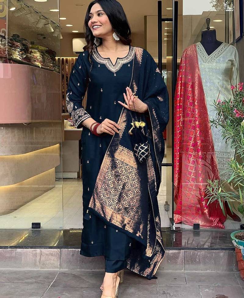 Navy blue embroidered ethnic suit