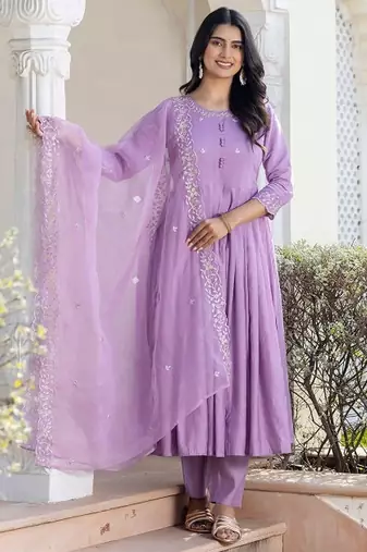 Lavender color rayon fabric designer embroidery work graceful partywear suit
