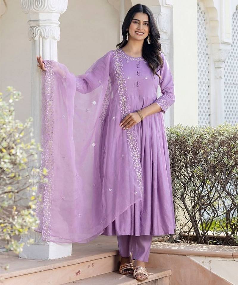 Lavender rayon embroidery work  suit