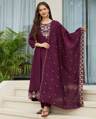 Wine vichitra silk embroidery suit 1