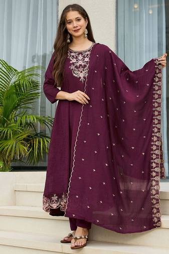 Wine vichitra silk embroidery work  suit