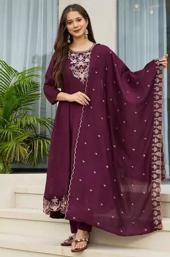 Wine color vichitra silk fabric designer embroidery work graceful partywear suit
