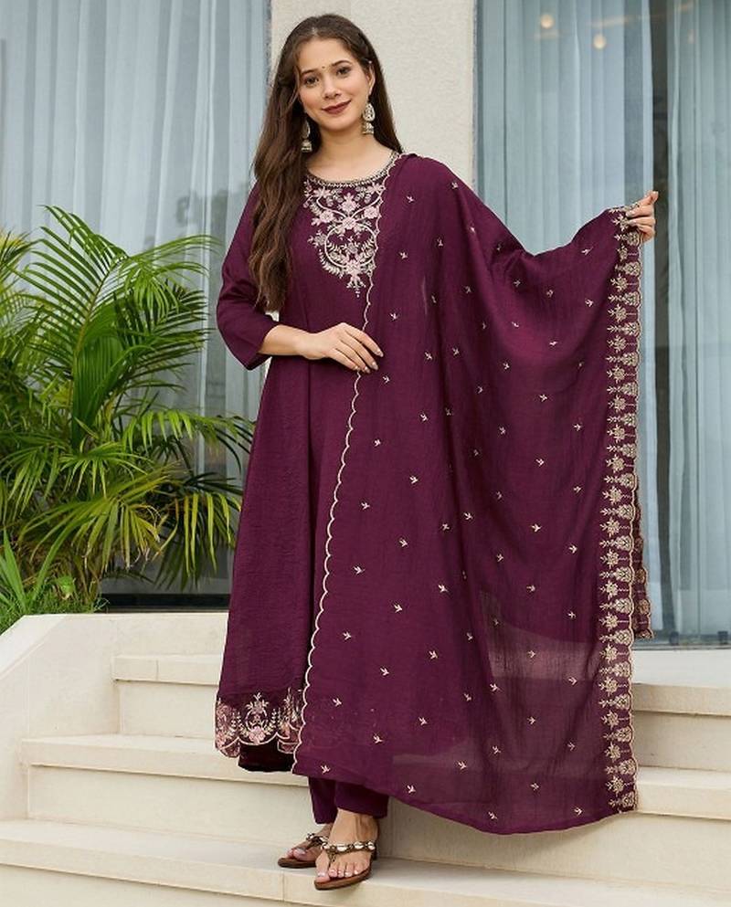 Wine vichitra silk embroidery work  suit