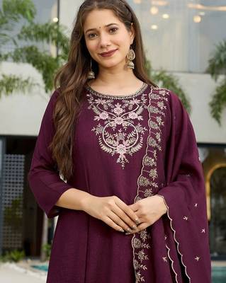 Wine vichitra silk embroidery suit 3