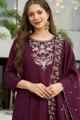 Wine vichitra silk embroidery suit