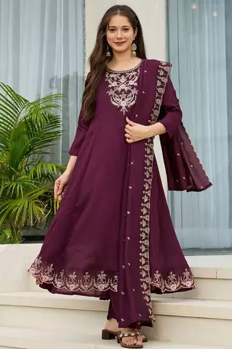 Wine vichitra silk embroidery suit