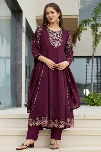 Wine vichitra silk embroidery suit