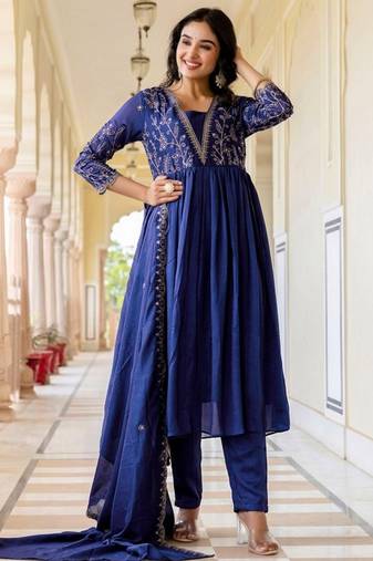 Blue color vichitra silk fabric designer embroidery work graceful partywear suit
