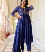 Blue vichitra silk embroidery work  suit