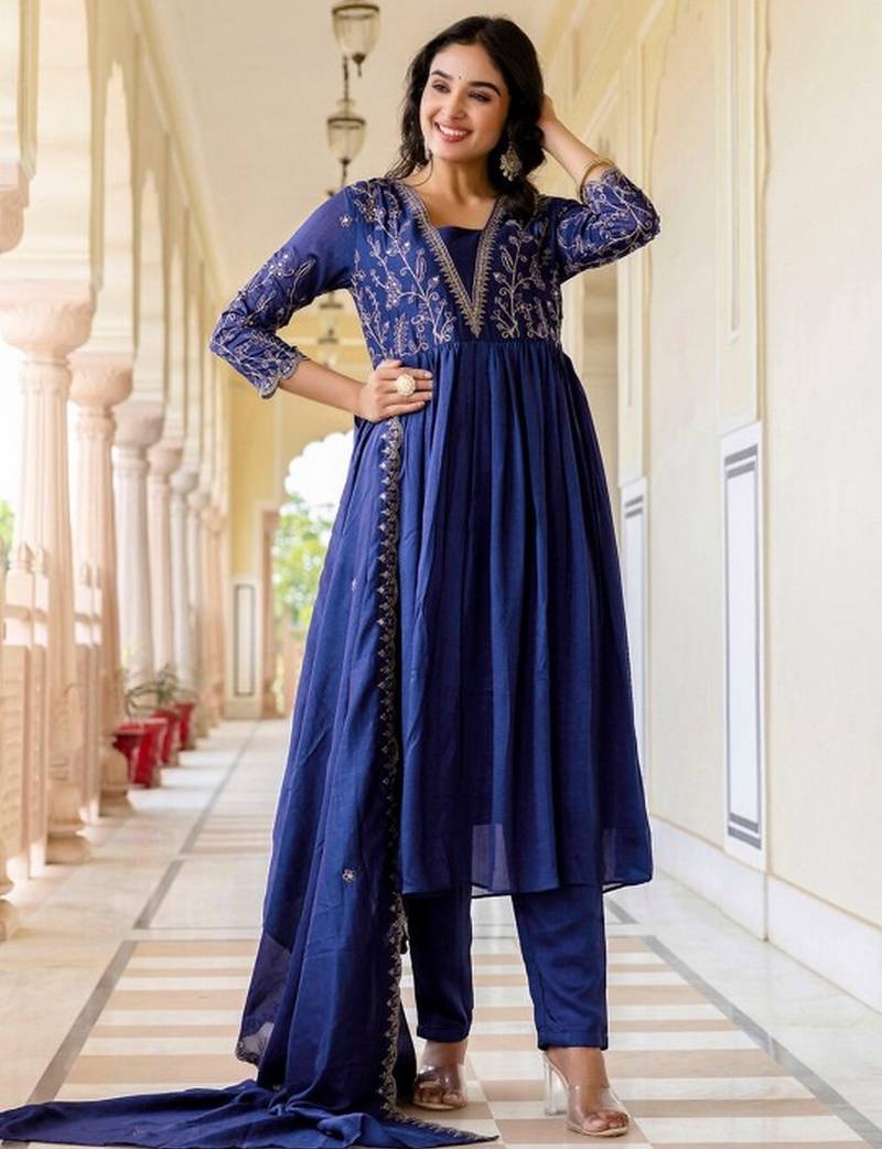 Blue vichitra silk embroidery work  suit