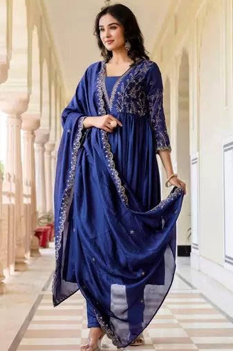 Blue vichitra silk embroidery suit