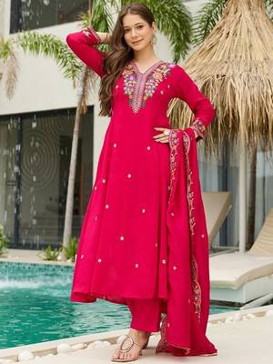 Pink vichitra silk embroidery suit 1