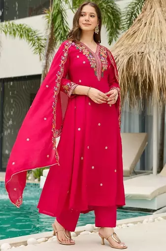 Pink vichitra silk embroidery suit