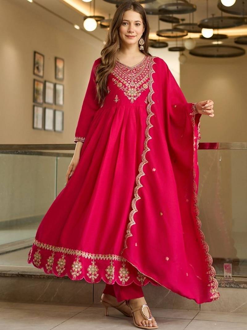 Pink vichitra silk embroidery work  suit