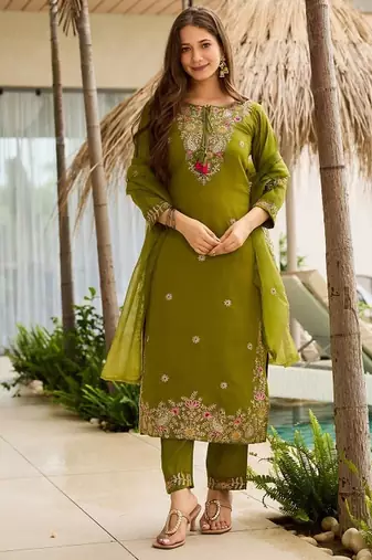 Mahendi color rayon fabric designer embroidery work graceful partywear suit