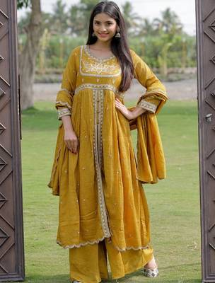 Mustard viscose silk embroidery suit 1