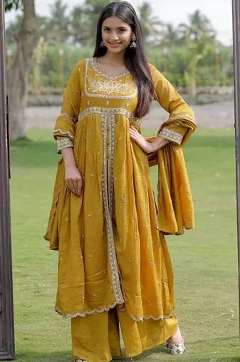 Mustard viscose silk embroidery work  suit