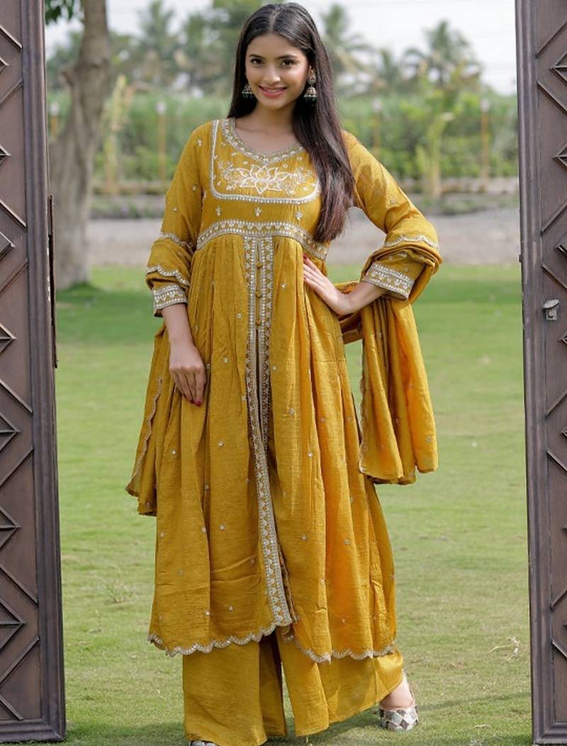 Mustard viscose silk embroidery work  suit