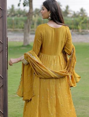 Mustard viscose silk embroidery suit 2