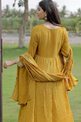 Mustard viscose silk embroidery suit