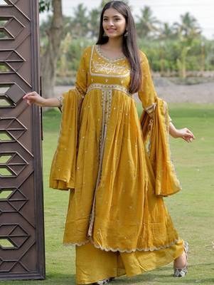 Mustard viscose silk embroidery suit 3