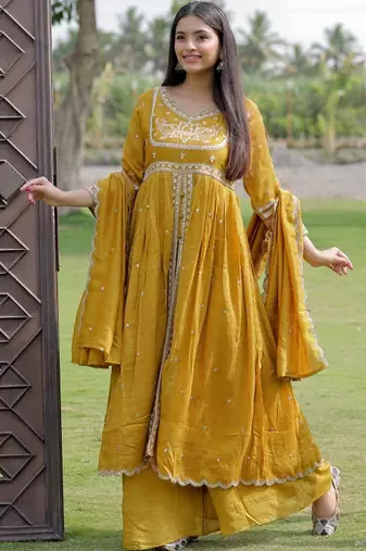 Mustard viscose silk embroidery suit