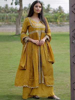 Mustard viscose silk embroidery suit 4