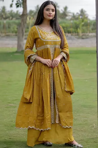 Mustard viscose silk embroidery suit