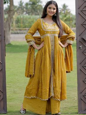 Mustard viscose silk embroidery suit 5