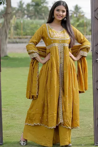 Mustard viscose silk embroidery suit