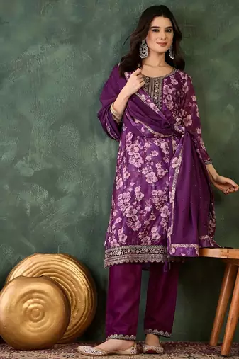 Wine chinon silk embroidery work  suit