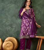 Wine chinon silk embroidery work  suit