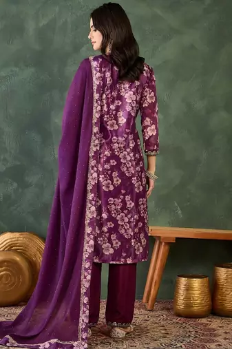 Wine chinon silk embroidery suit