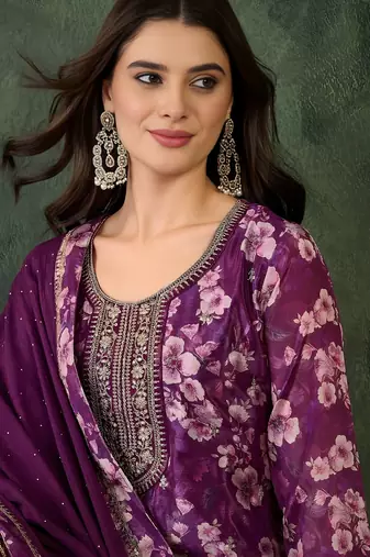 Wine chinon silk embroidery suit