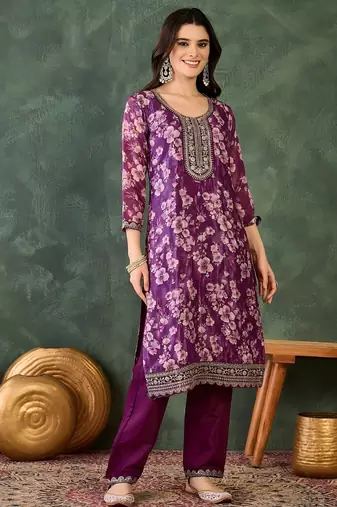 Wine chinon silk embroidery suit
