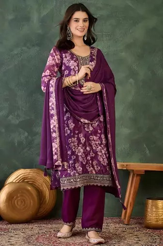 Wine chinon silk embroidery suit