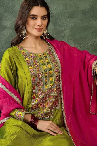 Green vichitra silk embroidery suit