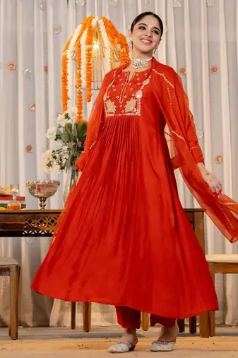 Orange chanderi embroidered kurta pant set