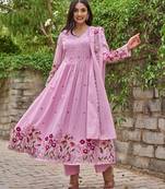 Pink chanderi embroidered kurta pant set