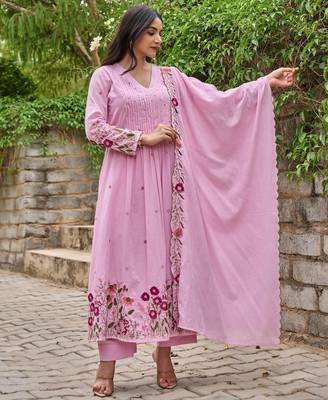 Pink chanderi embroidered kurta pant set 3