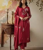 Maroon chanderi embroidered kurta pant set