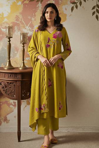 Green color chanderi fabric designer embroidered readymade suit