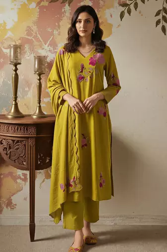 Green color chanderi fabric designer embroidered readymade suit